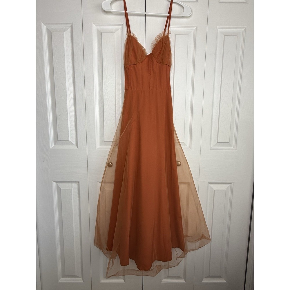 Burnt Orange Corset Style Dress Mesh Tie Back Spaghetti Straps Maxi Gown Sz L